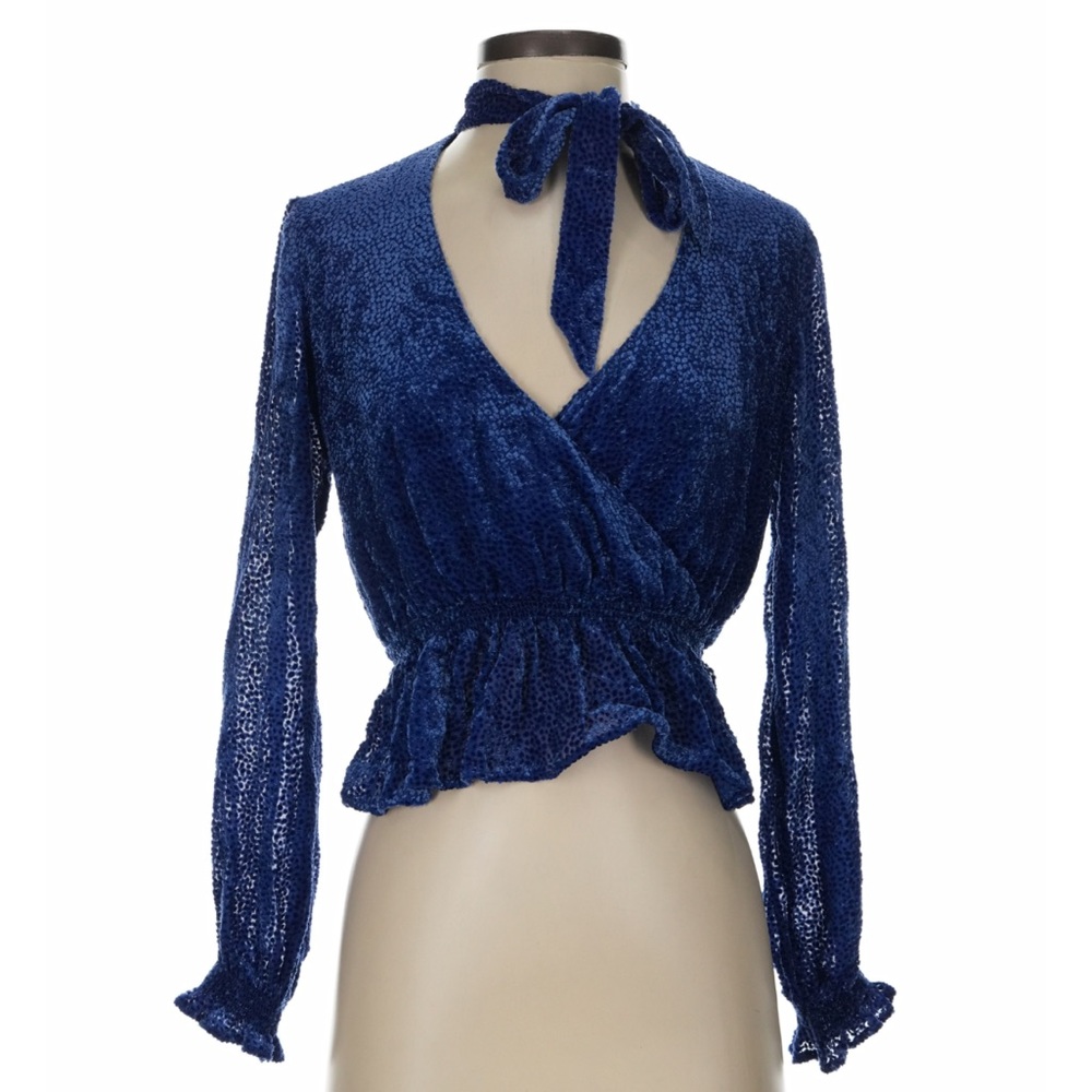 INTERMIX Royal Blue Velvet Wrap Blouse with Neck Tie